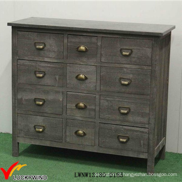 12 Gavetas Shabby Grey Antique Solid Wood Side Cabinet